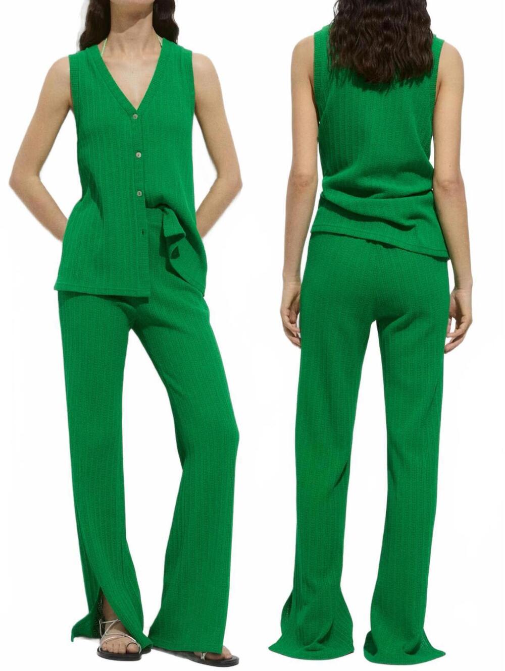 Mango 2-pc Coord Set Crochet Vest & Pant NWT Green Size Small